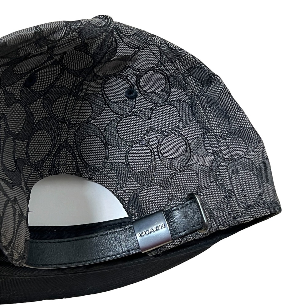 Coach Signature Jacquard Flat Brim Baseball Cap Charcoal Black Leather Logo M/L - Picture 12 of 12